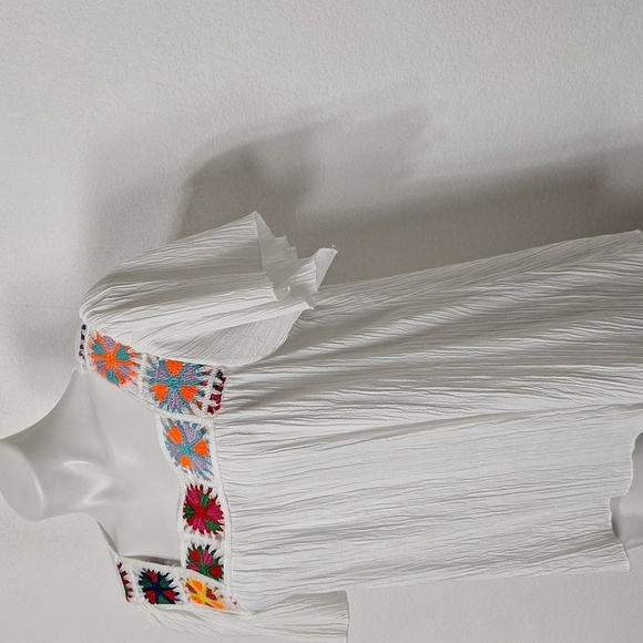 White Boho Multicolor Bohemian Hippie Crochet Square Neck Peasant Blouse Size L - Picture 6 of 13